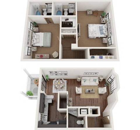 Floor plan for 2 beds, 2.5 baths, 1250 sqft
